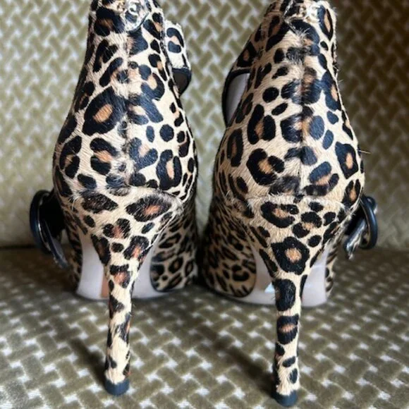 Sam Edelman Nude Leopard Print Cow Fur Hinda Jewel Buckle Strap Pumps NEW - Picture 3 of 16